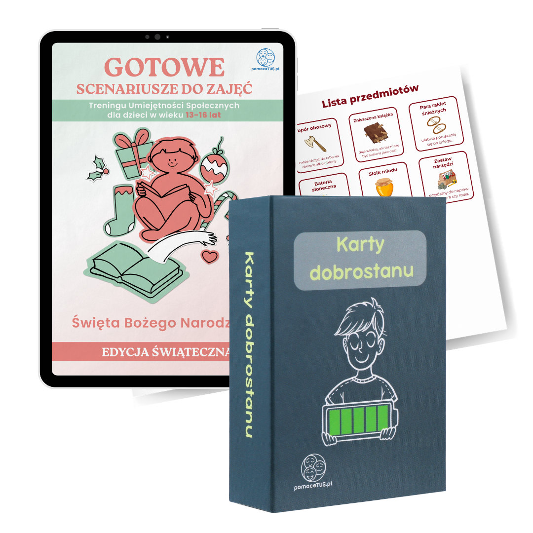 ZESTAW: Karty dobrostanu + Gotowe Scenariusze do zajęć Treningu Umiejętności Społecznych dla dzieci w wieku 13-16 lat – Święta Bożego Narodzenia + Bezludna wyspa – zespołowa gra decyzyjna (edycja świąteczna)